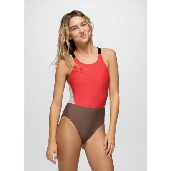 Prana Baja Bound Cutout One Piece Swimsuit Women's Sz Small Rose Fire Colorblock - Picture 9 of 16